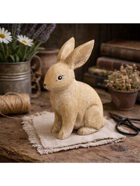 Vintage‎ Carved Wood Bunny Figurine Rustic Driftwood Seated Rabbit Decor